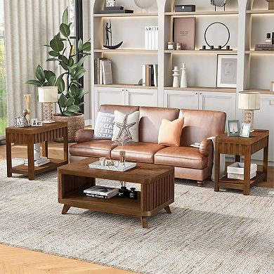 Mondawe 25 Inch Rectangular Solid Wood Farmhouse Coffee Table With Storage Rack, Sofa Side Table