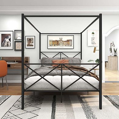 Mondawe Metal Canopy Bed Frame,Large X-Shaped Bed Frame,Black Platform Bed Frame