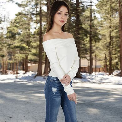 Women's Ribbed Off-the-Shoulder Slim Fit Top in Stretchy Midweight Fabric for a Chic Cropped Style