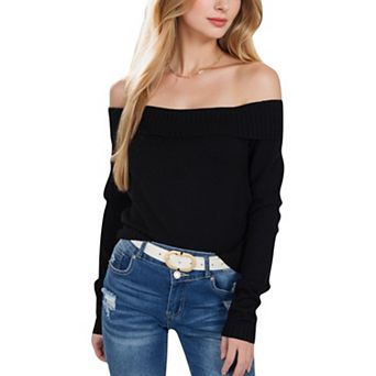 Women's Ribbed Off-the-Shoulder Slim Fit Top in Stretchy Midweight Fabric for a Chic Cropped Style