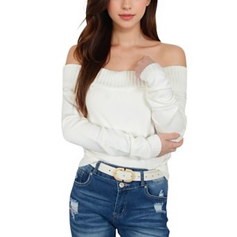 Women's Ribbed Off-the-Shoulder Slim Fit Top in Stretchy Midweight Fabric for a Chic Cropped Style