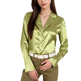 Women's Satin Button-Up Shirt with Collar and Flared Cuffs