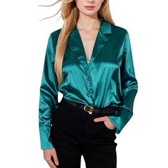 Women's Satin Button-Up Shirt with Collar and Flared Cuffs