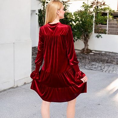 Women's Tiered A-Line Dress with Long Sleeves and Smocked Cuffs