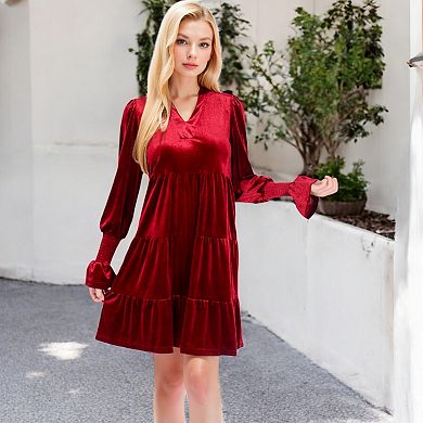 Women's Tiered A-Line Dress with Long Sleeves and Smocked Cuffs