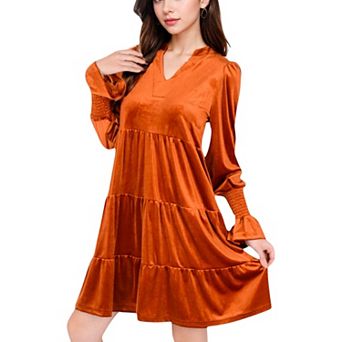 Women's Tiered A-Line Dress with Long Sleeves and Smocked Cuffs