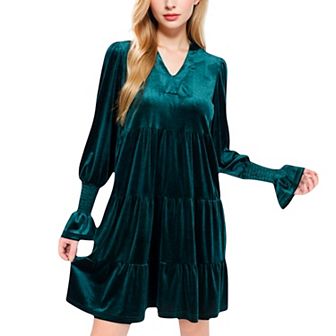 Women's Tiered A-Line Dress with Long Sleeves and Smocked Cuffs