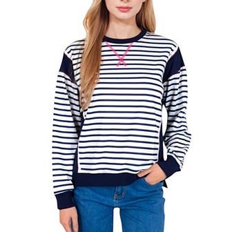 Women's Striped Crew Neck Sweatshirt with Contrast Sleeves
