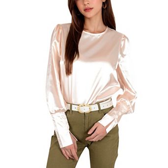 Women's Satin Long Sleeve Blouse with Buttoned Cuffs and Subtle Puff Shoulders