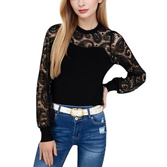 Women's Long Sleeve Lace Detail Top with Stretch Knit Bodice