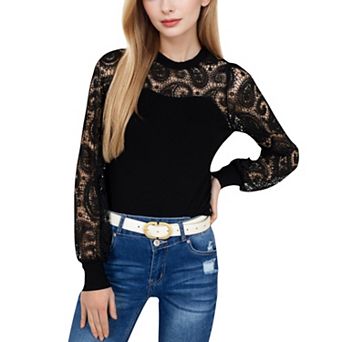 Women's Long Sleeve Lace Detail Top with Stretch Knit Bodice