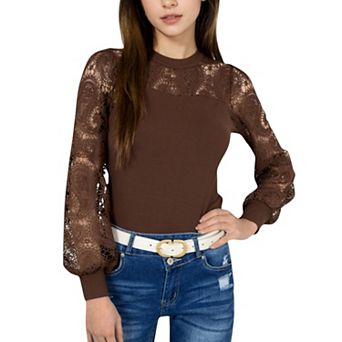Women's Long Sleeve Lace Detail Top with Stretch Knit Bodice