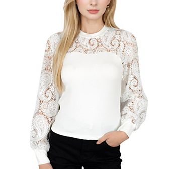 Women's Long Sleeve Lace Detail Top with Stretch Knit Bodice