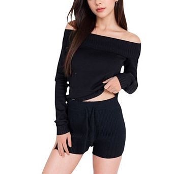 Women's Ribbed Off-the-Shoulder Long Sleeve Top and Sweater Knit Shorts Set with Drawstring Waist