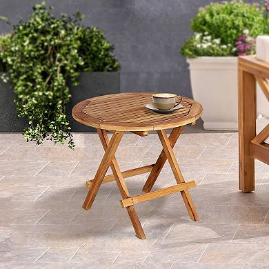 Folding Outdoor Side Table Sturdy X Shaped Wood Frame Teak Wood Patio Table with Slatted Tabletop