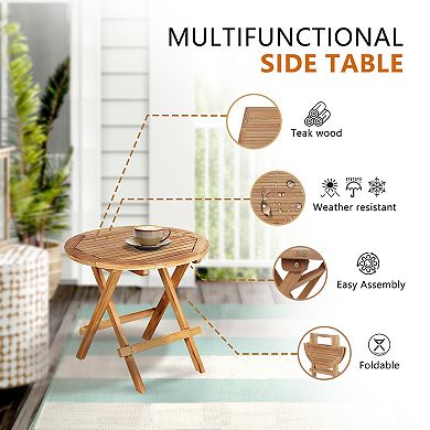 Folding Outdoor Side Table Sturdy X Shaped Wood Frame Teak Wood Patio Table with Slatted Tabletop