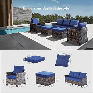 5 Pieces Outdoor Wicker High Back Sofa with Comfy Cushions Ottomans All Weather Conversation Set