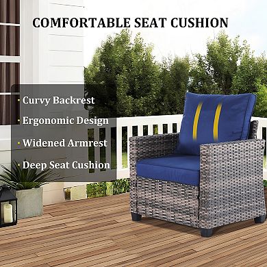 5 Pieces Outdoor Wicker High Back Sofa with Comfy Cushions Ottomans All Weather Conversation Set