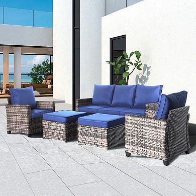 5 Pieces Outdoor Wicker High Back Sofa with Comfy Cushions Ottomans All Weather Conversation Set