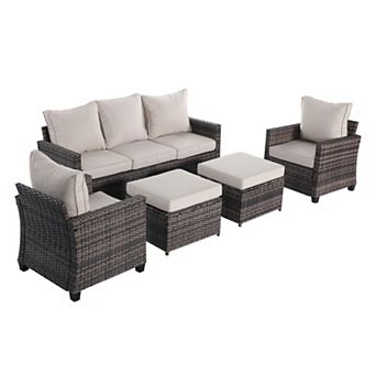 5 pc Outdoor Wicker High Back Sofa with Comfy Cushions Ottomans All Weather Conversation Set