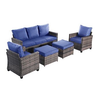 5 pc Outdoor Wicker High Back Sofa with Comfy Cushions Ottomans All Weather Conversation Set