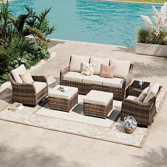 Decksplore 6 pc Patio Conversation Set with Swivel Rockers Outdoor Wicker Sofa Couch for Lawn