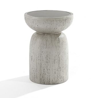 LuxenHome Rustic Off White and Gray Round 19.7-Inch Tall MgO Side Table, Indoors and Outdoors