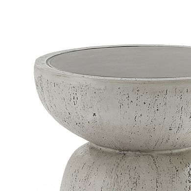 LuxenHome Rustic Off White and Gray Round 19.7-Inch Tall MgO Side Table, Indoors and Outdoors