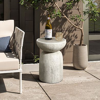 LuxenHome Rustic Off White and Gray Round 19.7-Inch Tall MgO Side Table, Indoors and Outdoors