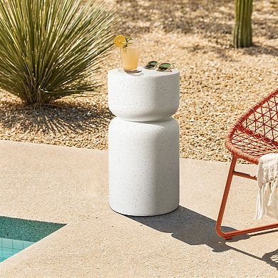 LuxenHome White with Gray Flecks Pillar Round MgO Side Table, Indoors and Outdoors