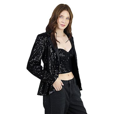 Women's Long Sleeve Satin Sequin Blazer Jackets Party Sparkly Coat