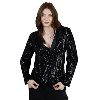 Women's Long Sleeve Satin Sequin Blazer Jackets Party Sparkly Coat