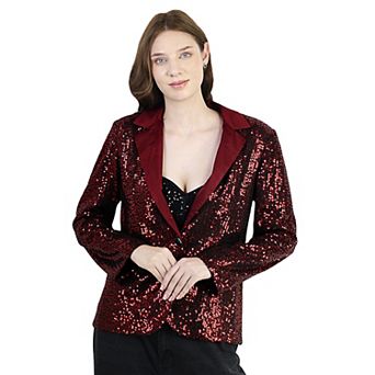 Women's Long Sleeve Satin Sequin Blazer Jackets Party Sparkly Coat