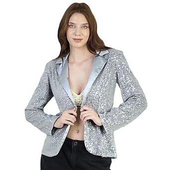 Women's Long Sleeve Satin Sequin Blazer Jackets Party Sparkly Coat