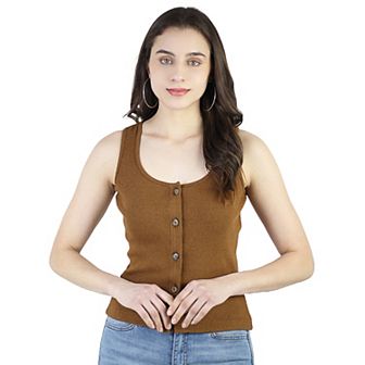 Women's Summer Round Neck Ribbed Knit Button Down Sleeveless Casual Tank Crop Tops