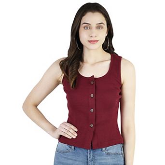 Women's Summer Round Neck Ribbed Knit Button Down Sleeveless Casual Tank Crop Tops