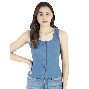 Women's Summer Round Neck Ribbed Knit Button Down Sleeveless Casual Tank Crop Tops