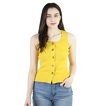 Women's Summer Round Neck Ribbed Knit Button Down Sleeveless Casual Tank Crop Tops