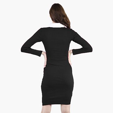 Women's Long-Sleeved V-Neck Sheath Ribbed Party Cocktail Colorblock Dress