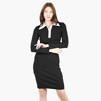 Women's Long-Sleeved V-Neck Sheath Ribbed Party Cocktail Colorblock Dress