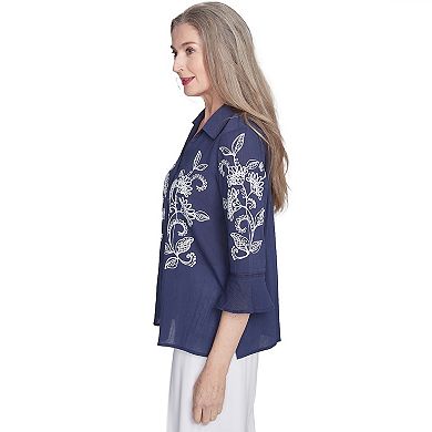 Women's Alfred Dunner Embroidered Marine Button Front Top