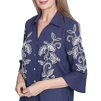 Women's Alfred Dunner Embroidered Marine Button Front Top