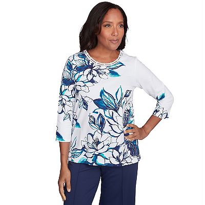 Alfred Dunner Women's Asymmetric Floral Pullover Blouse - Embroidered Top