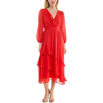 Women's Maison Tara Ruffle Neckline Cumberbund Waist Ruffle Tiered Skirt Maxi Dress