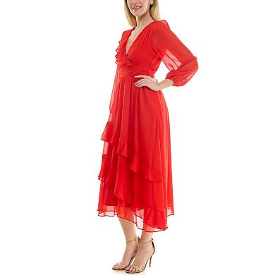 Women's Maison Tara Ruffle Neckline Cumberbund Waist Ruffle Tiered Skirt Maxi Dress