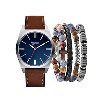 American Exchange Men's Brown Polyurethane Strap Analog Watch & Bracelet Set