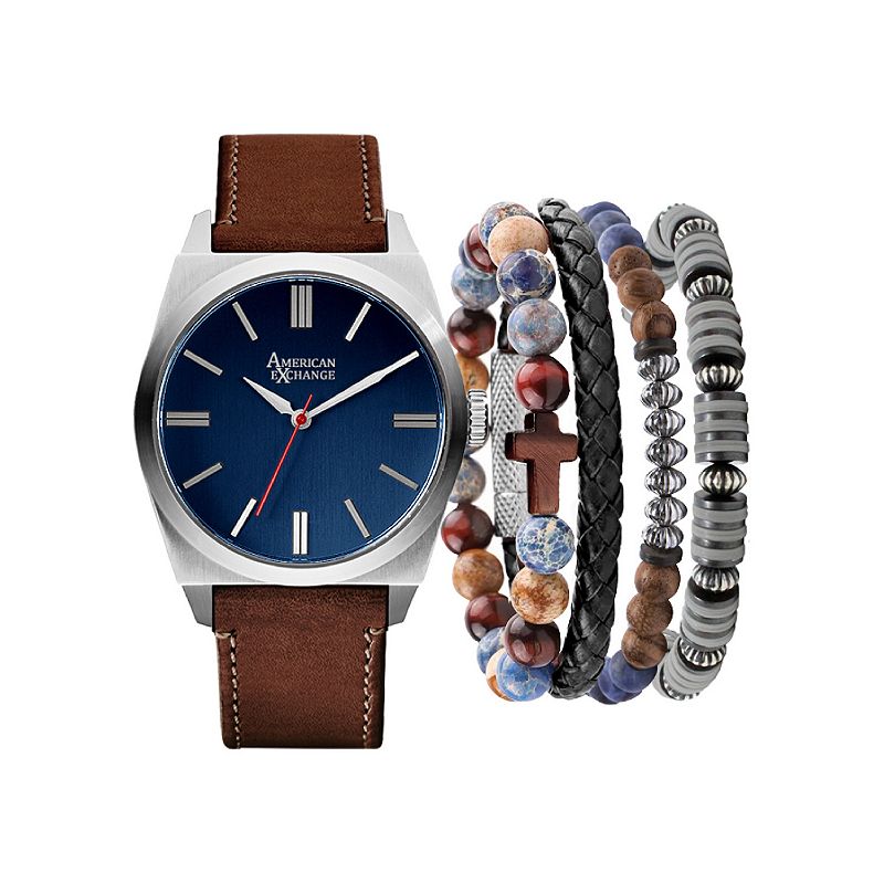 American Exchange Men's Brown Polyurethane Strap Analog Watch & Bracelet Set, Size: 42MM, Blue