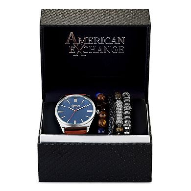 American Exchange Men's Brown Polyurethane Strap Analog Watch & Bracelet Set