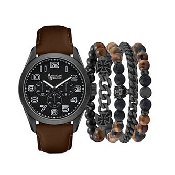 American Exchange Men's Brown Polyurethane Strap Analog Watch & Stackable Bracelet Set