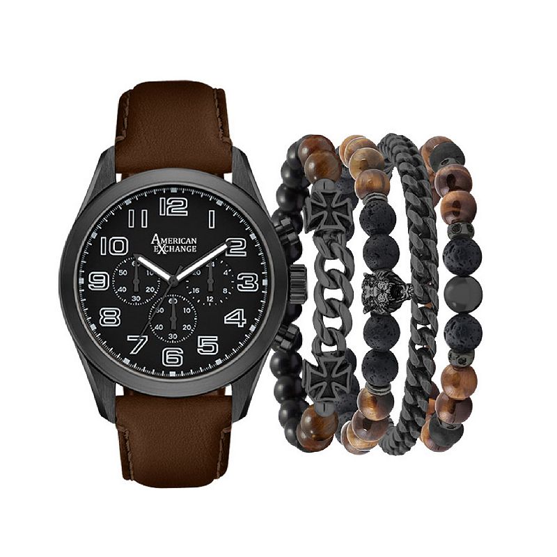 American Exchange Men's Brown Polyurethane Strap Analog Watch & Stackable Bracelet Set, Size: 44MM, Black